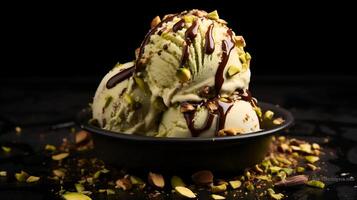 ai gerado pistache gelo creme com chocolate molho e pistachios foto