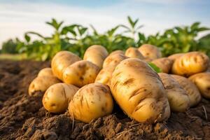 ai gerado colhido batatas em uma campo dentro a luz do a configuração Sol foto