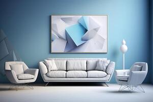 ai gerado interior do moderno vivo quarto com azul paredes, branco sofá e poltrona 3d render foto