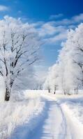 ai gerado lindo inverno panorama com estrada e árvores coberto com geadas foto