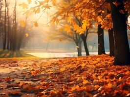 ai gerado outono panorama com amarelo árvores dentro a parque. lindo natureza fundo foto