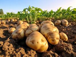 ai gerado colhido batatas em uma campo dentro a raios do a configuração Sol foto