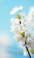 ai gerado cereja Flor dentro Primavera com azul céu e branco nuvens fundo foto