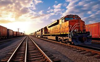 ai gerado estrada de ferro e frete trem às pôr do sol, transporte e logística conceito. foto