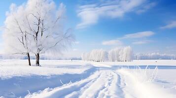 ai gerado inverno rural panorama com estrada e árvores coberto com geada. foto