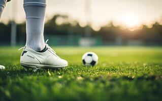 ai gerado fechar-se do pernas do futebol jogador em pé em a verde Relva do uma futebol estádio foto