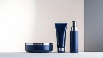 ai gerado uma foto do três Sombrio azul Cosmético containers em uma branco estante com uma jarra, tubo, e spray garrafa