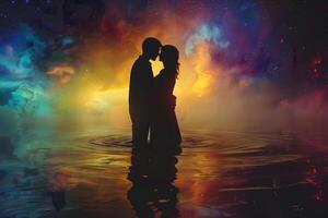 ai gerado homem e mulher abraçando dentro surreal, colorida líquido fantasia paisagem dos sonhos foto