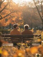 ai gerado gay casal dentro pêssego roupas sentado em uma parque banco, acionado dentro uma alegre conversação, sereno público jardim contexto, caloroso luz solar. foto