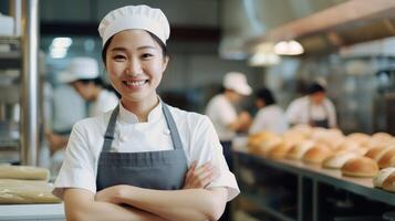 ai gerado sorridente ásia fêmea padeiros olhando às a Câmera, chefs padeiro dentro uma chefe de cozinha vestir e chapéu, foto