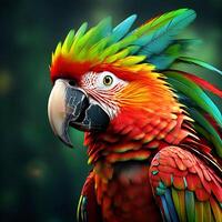 ai gerado uma colorida papagaio com uma verde e vermelho pena em Está cabeça foto