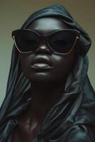 ai gerado fechar-se do uma retrato do uma glamouroso africano fêmea modelo dentro Preto óculos foto