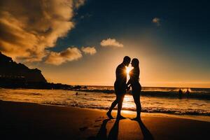 uma casal dentro amor é em pé em a de praia segurando mãos às pôr do sol. a conceito do uma romântico viagem foto