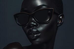 ai gerado fechar-se do uma retrato do uma glamouroso africano fêmea modelo dentro Preto óculos foto