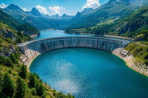 ai gerado hidroelétrica barragem aninhado dentro uma cênico rio vale, demonstrando a poder do fluindo água para gerar sustentável energia foto