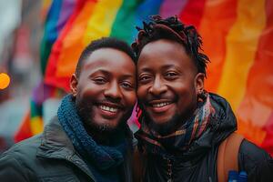 ai gerado retrato do jovem gay casal abraçando e mostrando seus amor com arco Iris bandeira às a rua. lgbt e amor conceito foto