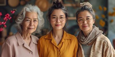 ai gerado retrato do avó, mãe e jovem mulher, feliz ásia família do três gerações, ternura às lar, União, sorridente. mãe ou internacional mulheres dia conceito. foto