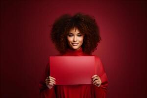 ai gerado jovem morena mulher segurando uma vermelho em branco cartaz ou esvaziar papel placa bandeira dentro dela mãos, em vermelho fundo. Projeto poster modelo, impressão apresentação brincar. foto