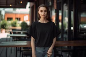 ai gerado jovem mulher vestindo Bella tela de pintura Preto t camisa e jeans, às uma acolhedor restaurante em verões dia. Projeto camiseta modelo, impressão apresentação brincar. foto