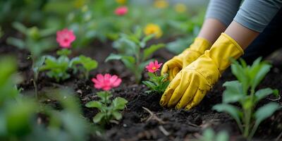 ai gerado fechar-se do jardineiros fêmea mãos vestindo amarelo borracha luvas, plantio jovem Rosa flores mudas às jardim cama. jardinagem fundo conceito com cópia de espaço. foto