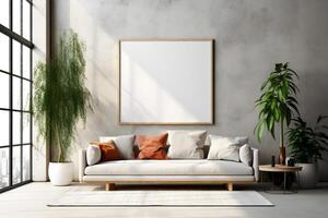 ai gerado retangular quadro, Armação poster brincar, em luz concreto parede dentro vivo interior com moderno boho mobília e grande janela, século cinzento sofá, escandinavo estilo interior decoração. foto