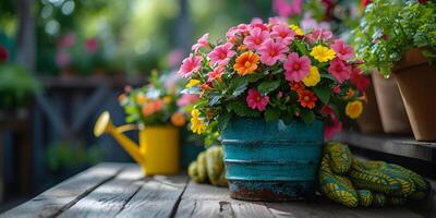 ai gerado colorida jardim flores panelas com amarelo borracha luvas e rega pode em de madeira mesa. jardinagem fundo brincar conceito com cópia de espaço. foto