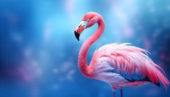 ai gerado Rosa flamingo em uma azul fundo. foto