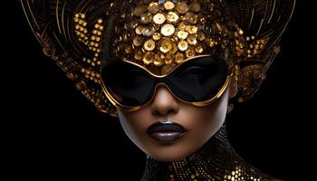 ai gerado jovem mulher vestindo oculos de sol e uma futurista ouro roupa. foto