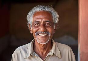 ai gerado sincero feliz homem do maduro Senior idade, anos 60. sorridente amigáveis masculino retrato foto