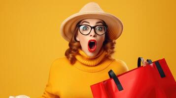 ai gerado surpreso jovem mulher dentro inverno vermelho chapéu e oculos de sol em pé abertura compras bolsas isolado sobre amarelo fundo, foto