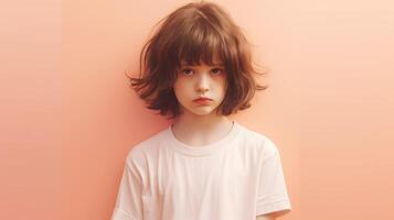 ai gerado uma triste pequeno menina vestindo branco camiseta em pastel pêssego fundo foto