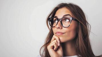 ai gerado mulher, nerd ou nerd com óculos para visão e visão isolado em branco fundo, foto