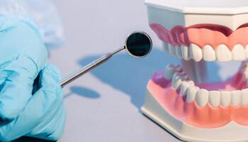 uma dental médico vestindo azul luvas e uma mascarar detém uma dental modelo do a superior e mais baixo mandíbulas e uma dental espelho foto