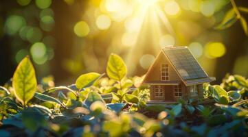 ai gerado uma modelo casa com uma verde folha em a cobertura é colocada Próximo para solar painéis com uma brilhante, iluminado pelo sol fundo, simbolizando ecológico energia soluções para inteligente casas foto
