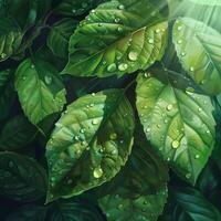 ai gerado uma fechar-se do uma verde folha com água gotas debaixo luz solar, destacando a intrincado padrões e fresco aparência do a folhagem foto