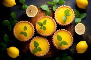 ai gerado topo Visão plano deitar do pequeno delicioso limão azedo e decorar com limões em mesa em Sombrio fundo padaria Comida foto