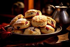 ai gerado fechar-se tradicional britânico scones com framboesas e framboesa geléia pronto para servir para tarde chá cardápio padaria Comida em uma de madeira mesa foto