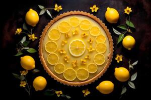 ai gerado topo Visão plano deitar do delicioso limão azedo e decorar com limões em mesa em Sombrio fundo padaria Comida foto