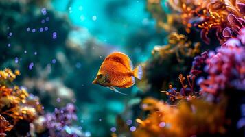 ai gerado tropical mar embaixo da agua colorida peixe e coral recife. aquário oceanário animais selvagens colorida marinho panorama panorama natureza snorkel mergulho foto