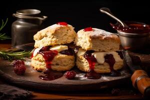 ai gerado fechar-se tradicional britânico scones com framboesas e framboesa geléia pronto para servir para tarde chá cardápio padaria Comida em uma de madeira mesa foto