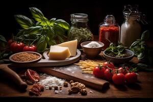ai gerado italiano Comida ingredientes para espaguete bolonhesa com queijo, tomate e manjericão orgânico cru Comida conceito em madeira fundo foto