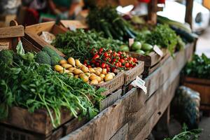 ai gerado legumes e ervas dentro de madeira caixas às a vegetal mercado. saudável nutrição conceito. gerado de artificial inteligência foto