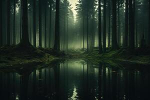 ai gerado Alto floresta conífero floresta com musgo e lago. gerado de artificial inteligência foto