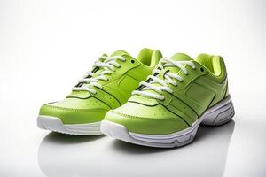 ai gerado uma par do verde tênis sapatos em uma branco fundo. gerado de artificial inteligência foto