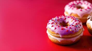 ai gerado rosquinhas decorado vermelho, Rosa glacê, açúcar granulados em brilhante Rosa fundo. namorados dia conceito cumprimento cartão. delicioso sobremesa, pastelaria e padaria elemento. cópia de espaço foto