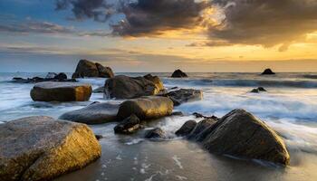 ai gerado cênico panorama Visão do grande pedras em a de praia às pôr do sol foto