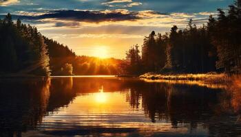 ai gerado magnífico cenário do uma pôr do sol em uma lago foto