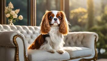 ai gerado fofa descuidado rei Charles cachorro sentado em uma luxuoso branco sofá dentro uma agradável vivo quarto foto