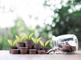 plantas crescendo acima em pilha do moedas. a conceito do salvando dinheiro, financeiro, investimento e o negócio crescente. foto