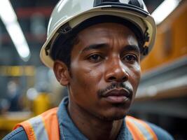 ai gerado retrato do africano americano Preto trabalhador com protetora chapéu e laranja jaqueta, construção, indústria e Engenharia conceito foto
